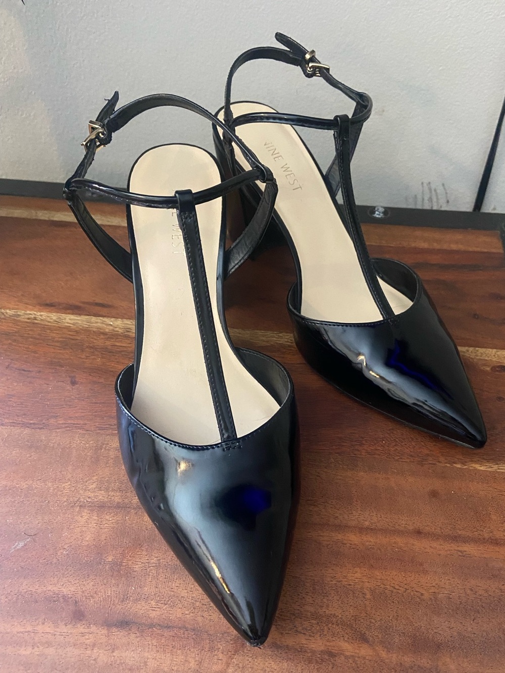 Nine West Black Patent T-Strap Flat Pump